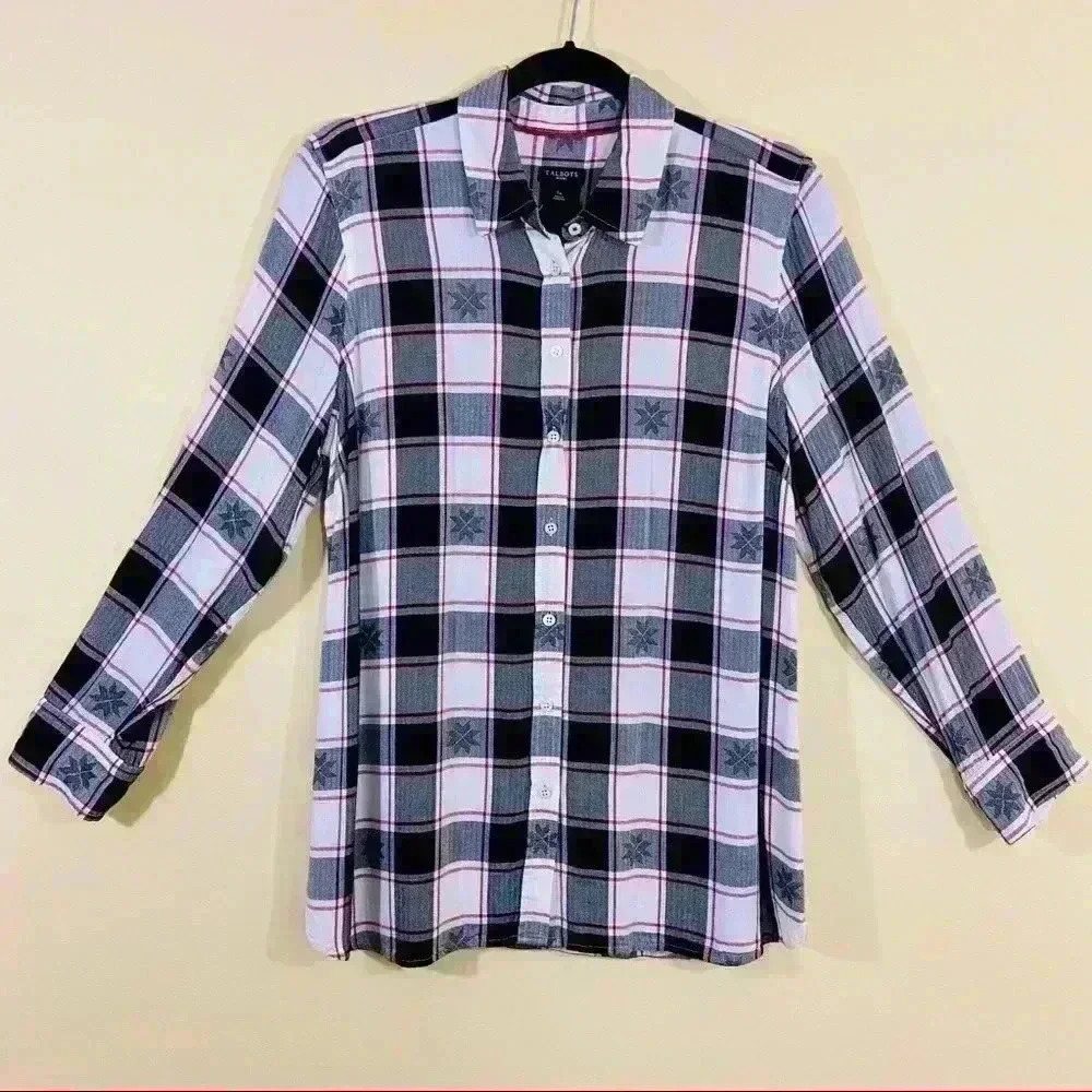 Talbots Snowflake Plaid Soft Button Down Rayon Li… - image 2